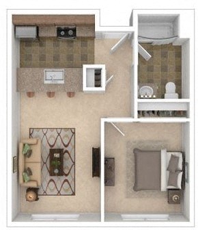 Floor plan for 1 bed, 1 bath, 584 sqft